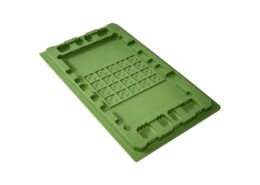Male plug-assist vacuum forming mold with polished Teflon finish for deep-draw automotive electronic trays